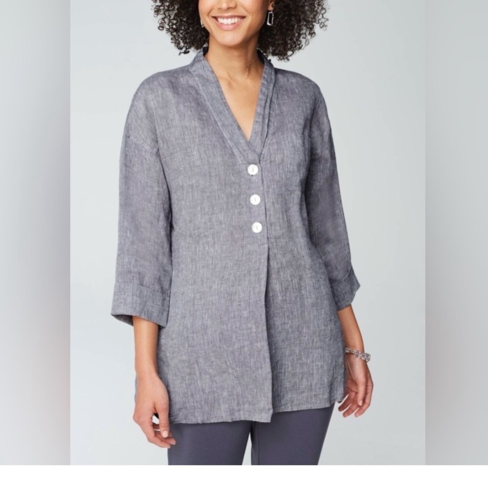 Pure Jill Linen Tunic Top Grey V-Neck 3/4 Sleeve Button Front Size L Casual Work